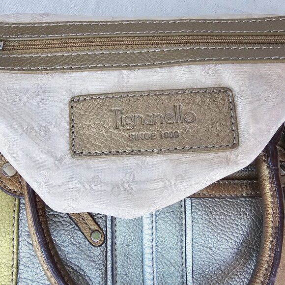 Tignanello Metallic Pebbled Leather Shoulder Bag Gold Silver Bronze Zip With Tag - Picture 12 of 13